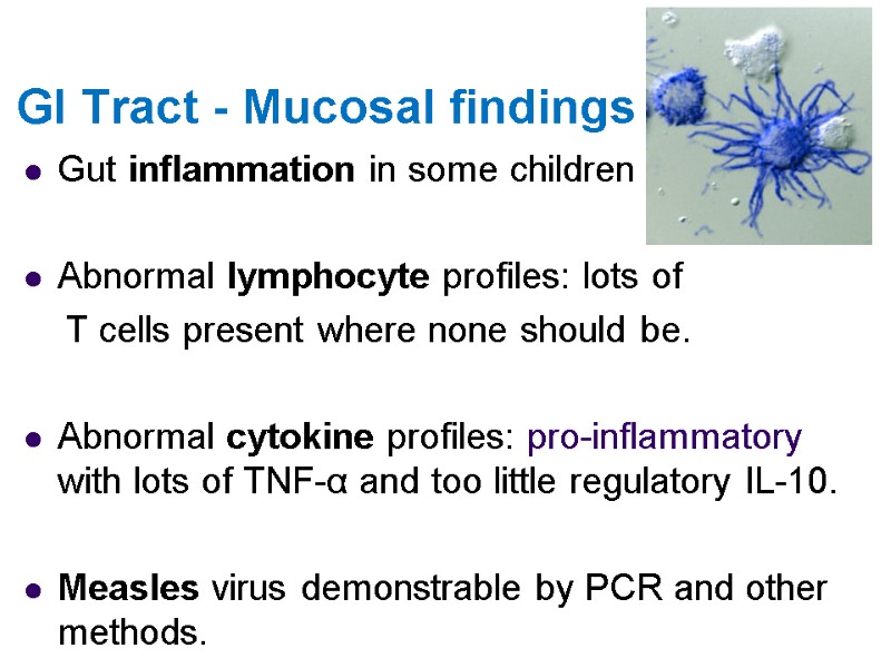 GI Tract - Mucosal findings  Gut inflammation in some children  Abnormal lymphocyte